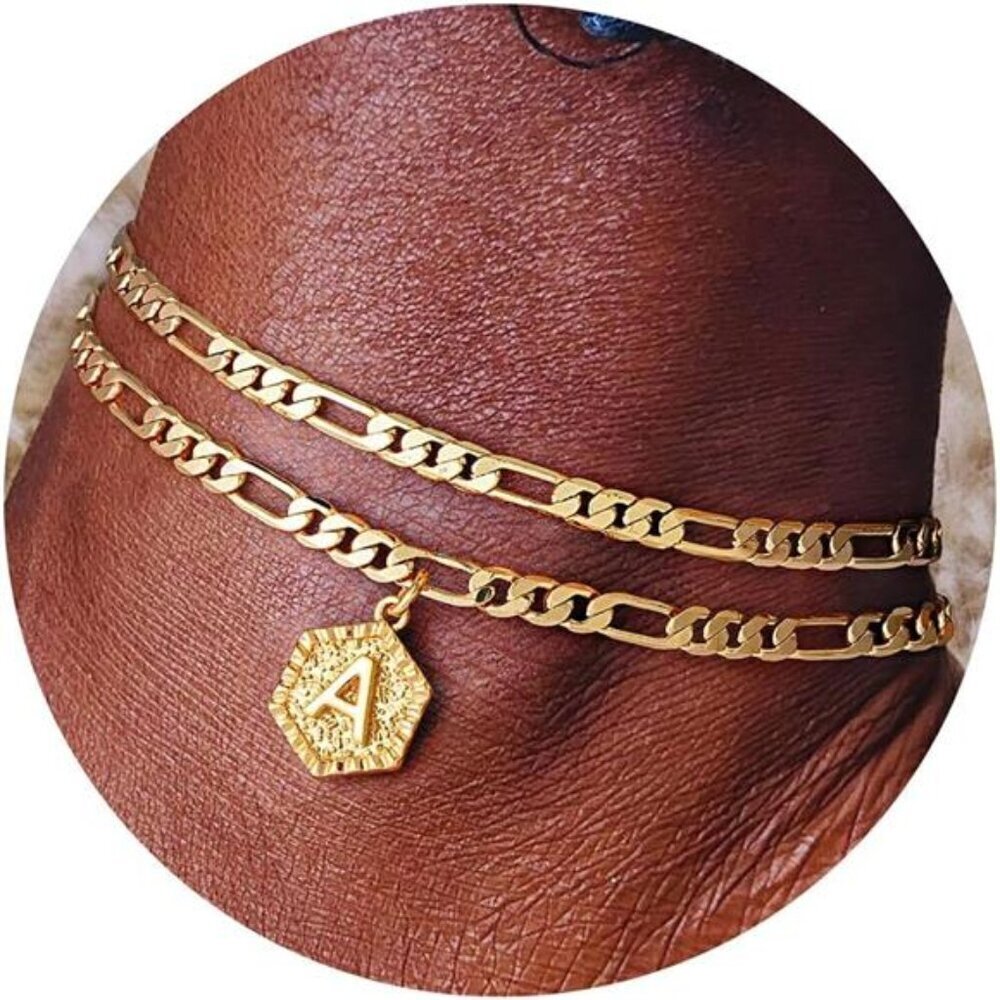 Initial Ankle Bracelets for Women, 14K-Gold-Plated Double Layered